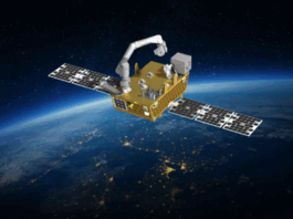 NASA’s Robotic Demonstration Strengthens Space Infrastructure a golden satellite with solar arrays extended, with the limb of Earth in the background