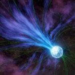 NASA Insights Reveal Origins of Gold A light blue ball representing a magnetar is shown with green looping lines representing magnetic field and blue feathery lines being ejected, representing material being ejected.