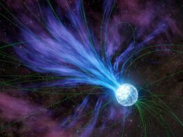 NASA Insights Reveal Origins of Gold A light blue ball representing a magnetar is shown with green looping lines representing magnetic field and blue feathery lines being ejected, representing material being ejected.