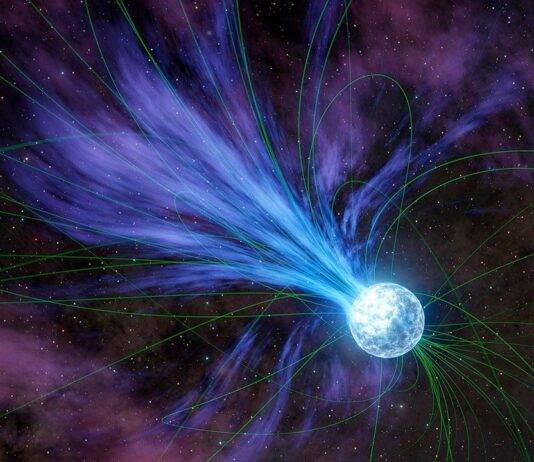 NASA Insights Reveal Origins of Gold A light blue ball representing a magnetar is shown with green looping lines representing magnetic field and blue feathery lines being ejected, representing material being ejected.