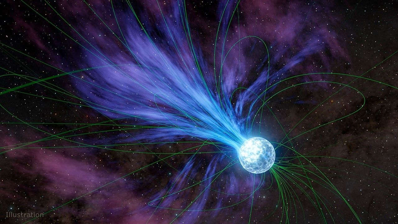 flare magnetar.jpg A light blue ball representing a magnetar is shown with green looping lines representing magnetic field and blue feathery lines being ejected, representing material being ejected.