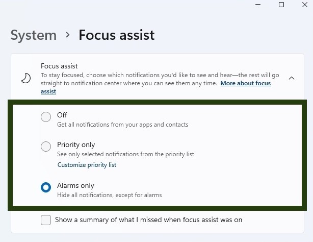 Focus Assist in Windows 11