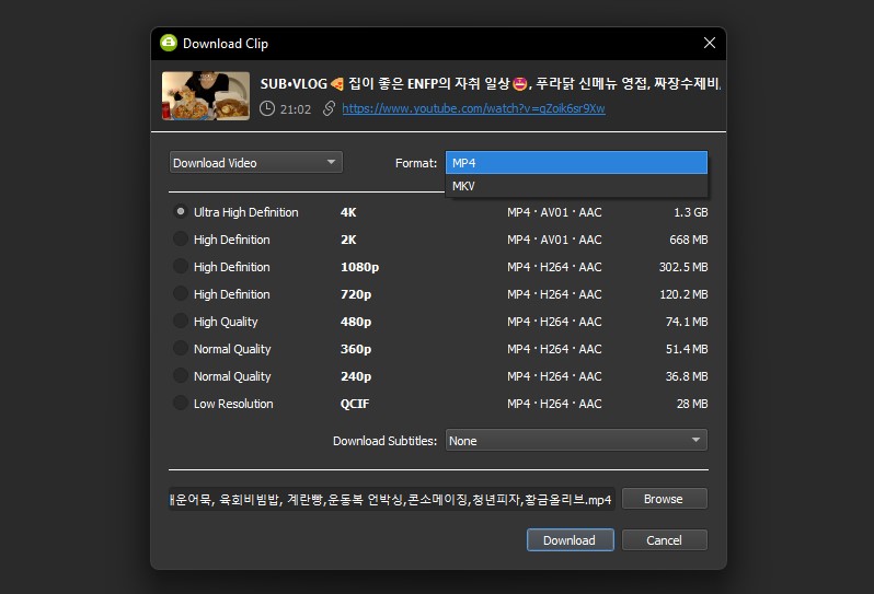 Select Video Format and Quality, Download Clip on 4K Video Downloader 