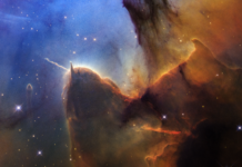 NASA Celebrates the Day of the Trifid Nebula A rich, cosmic landscape is split in two. On the right side, clouds of reddish-black dust billow. On the left, stars sparkle across a dark-blue background.