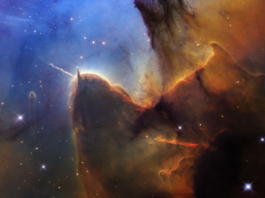 NASA Celebrates the Day of the Trifid Nebula with New Discoveries A rich, cosmic landscape is split in two. On the right side, clouds of reddish-black dust billow. On the left, stars sparkle across a dark-blue background.
