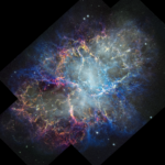 NASA Reveals New Insights into the Crab Nebula’s Structure and Dynamics Colorful nebula in space with a white haze throughout that is more concentrated in the center with a rippling effect. Colorful gas filaments appear to splash outward from the nebula center, colored yellow, magenta, and blue. A faint black border with right angles at the corners of the images show where the telescope’s field of view stops. Small white stars dot the background.