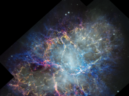 NASA Reveals New Insights into the Crab Nebula’s Structure and Dynamics Colorful nebula in space with a white haze throughout that is more concentrated in the center with a rippling effect. Colorful gas filaments appear to splash outward from the nebula center, colored yellow, magenta, and blue. A faint black border with right angles at the corners of the images show where the telescope’s field of view stops. Small white stars dot the background.