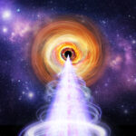 NASA’s IXPE Uncovers X-ray Particles in Black Hole Jets This illustration depicts the central region of a galaxy like BL Lac. The galaxy’s central black hole is surrounded by swirls of orange in various shades representing the disk of material falling in toward the black hole. Two “arms” extend from the lower right and upper left side of the orange disk off the sides. The arms and disk are surrounded by puffy purple clouds of gas and dust. A cone of light starts at the central black hole at a small point and widens out until it spills off the bottom of the image. It is streaked with lines of white, pink and purple. It is surrounded by thin coiled lines in similar colors. All of this is against the backdrop of black speckled with a few white dots.