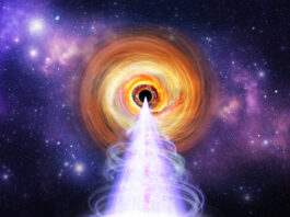 NASA’s IXPE Uncovers X-ray Particles in Black Hole Jets This illustration depicts the central region of a galaxy like BL Lac. The galaxy’s central black hole is surrounded by swirls of orange in various shades representing the disk of material falling in toward the black hole. Two “arms” extend from the lower right and upper left side of the orange disk off the sides. The arms and disk are surrounded by puffy purple clouds of gas and dust. A cone of light starts at the central black hole at a small point and widens out until it spills off the bottom of the image. It is streaked with lines of white, pink and purple. It is surrounded by thin coiled lines in similar colors. All of this is against the backdrop of black speckled with a few white dots.