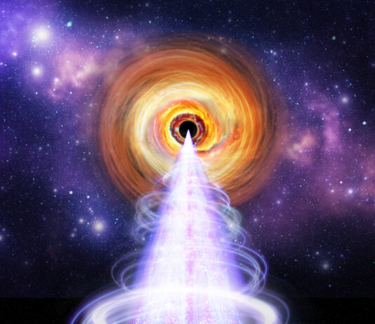 NASA’s IXPE Uncovers X-ray Particles in Black Hole Jets This illustration depicts the central region of a galaxy like BL Lac. The galaxy’s central black hole is surrounded by swirls of orange in various shades representing the disk of material falling in toward the black hole. Two “arms” extend from the lower right and upper left side of the orange disk off the sides. The arms and disk are surrounded by puffy purple clouds of gas and dust. A cone of light starts at the central black hole at a small point and widens out until it spills off the bottom of the image. It is streaked with lines of white, pink and purple. It is surrounded by thin coiled lines in similar colors. All of this is against the backdrop of black speckled with a few white dots.