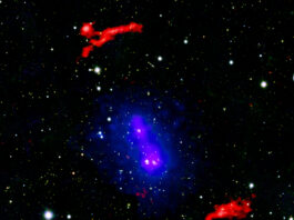 NASA’s Chandra Detects Imminent Galaxy Cluster Collision Observations from Chandra and other telescopes have captured a powerful cosmic event: two galaxy clusters have collided and are now poised to head back for another swipe at each other. Galaxy clusters are some of the largest structures in the Universe held together by gravity. In these images, X-rays from Chandra and ESA’s XMM-Newton have been combined with LOFAR data and an optical image from Pan-STARRs of the stars and galaxies in the field of view.