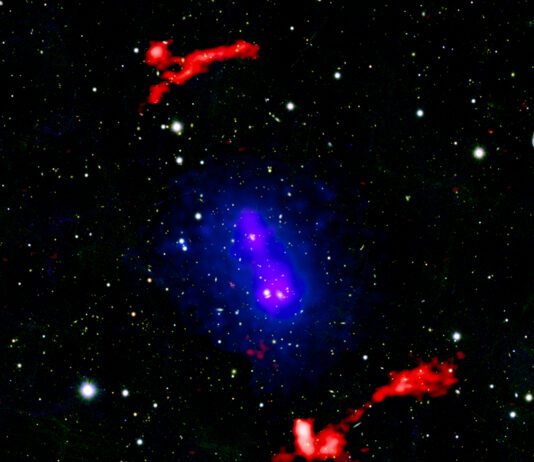 NASA’s Chandra Detects Imminent Galaxy Cluster Collision Observations from Chandra and other telescopes have captured a powerful cosmic event: two galaxy clusters have collided and are now poised to head back for another swipe at each other. Galaxy clusters are some of the largest structures in the Universe held together by gravity. In these images, X-rays from Chandra and ESA’s XMM-Newton have been combined with LOFAR data and an optical image from Pan-STARRs of the stars and galaxies in the field of view.