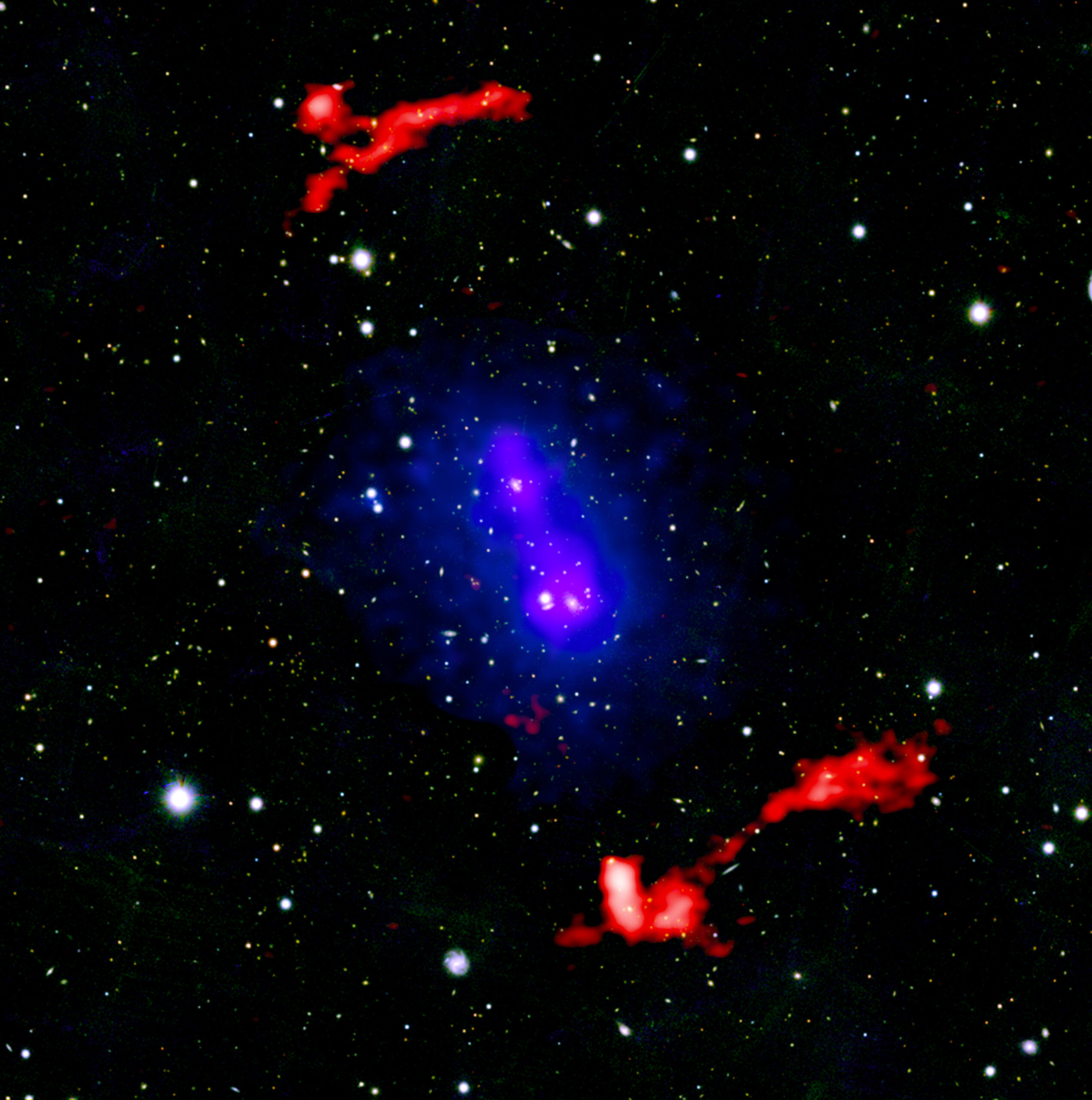 g181.jpg Observations from Chandra and other telescopes have captured a powerful cosmic event: two galaxy clusters have collided and are now poised to head back for another swipe at each other. Galaxy clusters are some of the largest structures in the Universe held together by gravity. In these images, X-rays from Chandra and ESA’s XMM-Newton have been combined with LOFAR data and an optical image from Pan-STARRs of the stars and galaxies in the field of view.