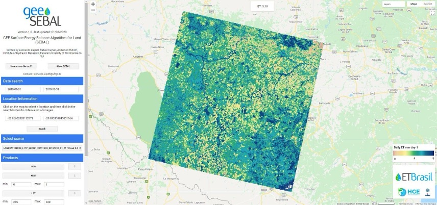 geesebal app openet brazil.jpg An application interface shows a top-down view of a section of Brazil in pale tans and greens, with one square (at and angle) in bright colors: dark blue, teals, greens, and yellows.