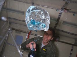 NASA Aircraft Facilitated Groundbreaking ’90s Microgravity Experiments A person in a green flight suit watches as blue fluid floats out of a bottle during a microgravity flight.