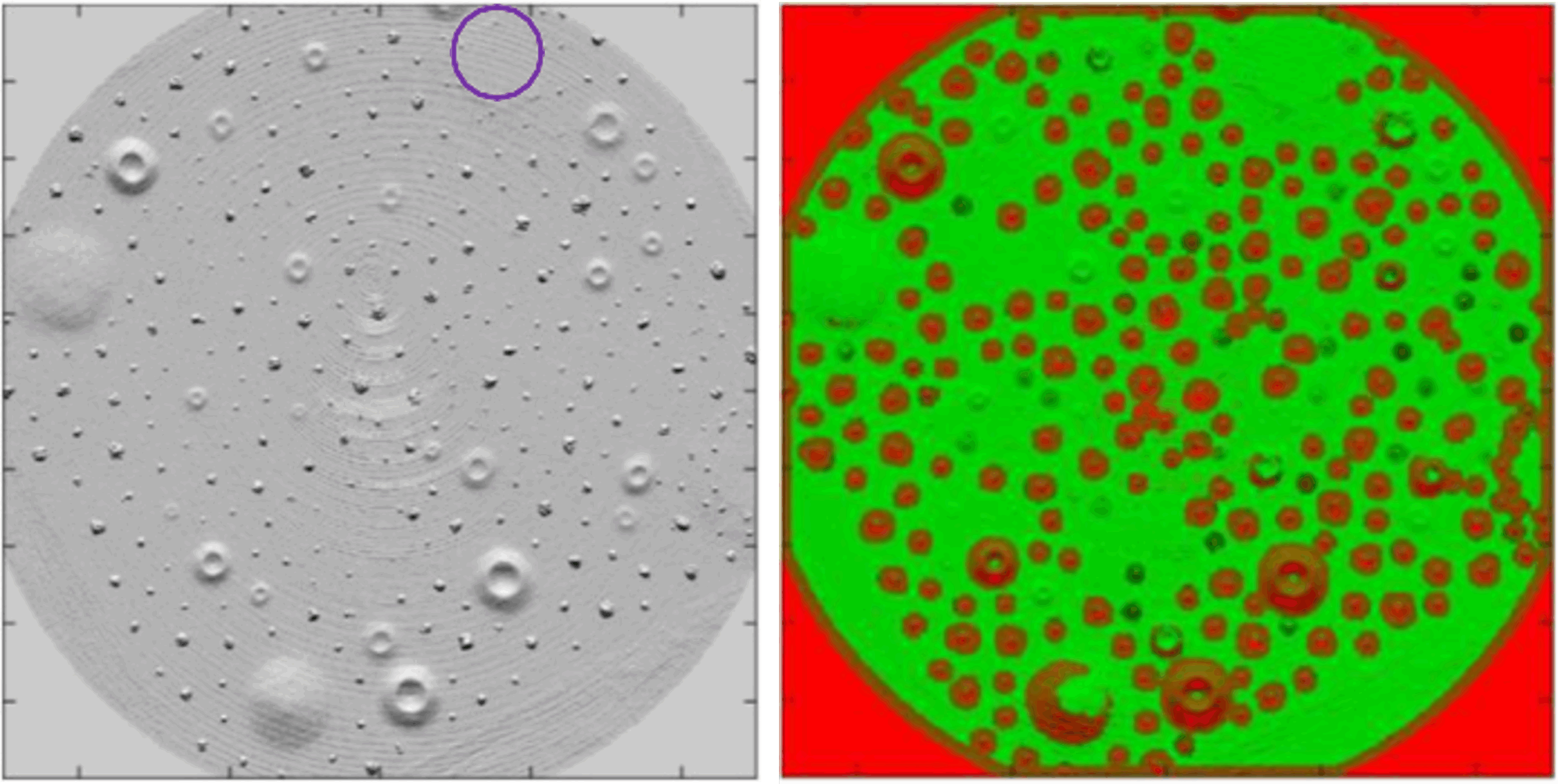 hdl imagery.png Side-by-side images collected by a hazard detection lidar instrument show potential hazards in a simulated hazard field.