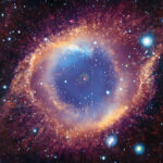 NASA Uncovers X-ray Evidence of Annihilated Planet The Helix Nebula is a cloud of gas ejected by a dying star, known as a white dwarf. In the composite image, the cloud of gas strongly resembles a creature’s eye. Here, a hazy blue cloud is surrounded by misty, concentric rings of pale yellow, rose pink, and blood orange. Each ring appears dusted with flecks of gold, particularly the outer edges of the eye-shape. The entire image is speckled with glowing dots in blues, whites, yellows, and purples. At the center of the hazy blue gas cloud, is a bright white dot with a pink outer ring, and a smaller white dot.