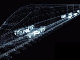 Hitachi Rail Enhances Railway Analysis with NVIDIA AI Technology sketch of Hitachi Rail HMAX train on black background