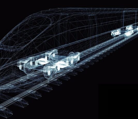Hitachi Rail Enhances Railway Analysis with NVIDIA AI Technology sketch of Hitachi Rail HMAX train on black background