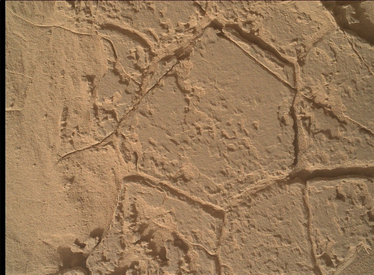 A color image showing a pale tan-orange rock surface, which is smooth in some areas and rough, and layered in others, like a stucco wall. Resting atop the surface are lines creating various shapes – a hexagon dominating the image center, a diamond nestled below that, others off to the lower right and right sides of the image. These lines trace areas making them look like walled gardens viewed overhead from a great height.