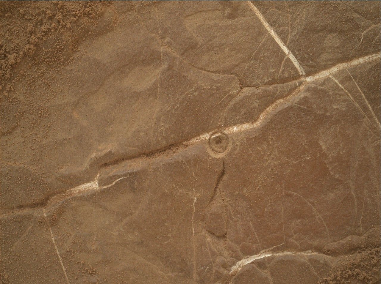 https mars.nasa .gov msl raw images msss 04560 mhli 4560mh0001630001603946r00 dxxx.jpg A color image from the Martian surface shows a close-up of brownish-orange ground, flat but uneven, with whitish grooves crisscrossing the surface. At center a small, bullseye-shaped indentation has been dug into the rock.