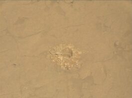 Examining Altadena Drill Site: NASA’s Curiosity Insights A color close-up photo of the Martian surface shows flat, mostly smooth, tan-orange ground, crisscrossed with a few shallow grooves and indentations. At the center is a hole cored into the ground, surrounded by a pile of soil and small rocks dug from the hole — those are similarly colored to the surrounding ground, but in shades ranging from lighter and more yellow to darker and deeper orange. Some of the back wall of the interior of the hole is also visible.