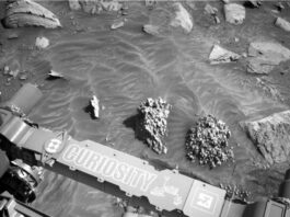 NASA Investigates Unusual Rock Formation on Sols 4479-4480 A grayscale photograph of the Martian surface by the Curiosity rover captures medium gray soil with exposed small to medium sized rocks scattered around. Two medium sized rocks just in front of the rover stand out – unlike the smooth or sharp-edged ones around them, they look very rough-textured and bumpy, like a large clump of granola. The bottom of the frame shows parts of the rover, running from the middle left edge to the lower right corner of the image, including part of its robotic arm which carries a nameplate imprinted with “Curiosity” outlined in white, all-capital letters, and to the right of that a line drawing of the rover.