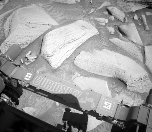 NASA Conducts Remote Sensing on Sols 4484-4485, a Monday A grayscale photograph of the Martian surface by the Curiosity rover captures medium gray soil next to the rover with exposed medium-sized, lighter-colored rocks scattered around. Most of the rocks appear layered, with dividing lines making them look like features drawn on a topographic map. The bottom of the frame shows parts of the rover, running from the middle left edge to the lower right corner of the image, including part of its robotic arm which carries a nameplate imprinted with “Curiosity” outlined in white, all-capital letters, and to the right of that a line drawing of the rover.