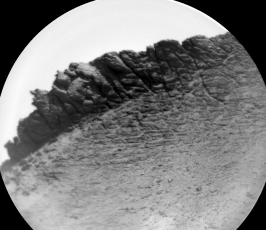 NASA Science: Sols 4495-4497 – Yawning, Perching, Rolling A circular grayscale image from the Martian surface is skewed slightly left, so the horizon line runs from about the 8 o’clock position on a clock face to about 2 o’clock. Gritty, gravelly terrain in the foreground leads to a spiky, ragged outcrop with vertical ridges and grooves rising on the horizon.