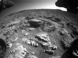 Mars Exploration: Discovering Honeycomb and Waffle Patterns An extreme wide-angle photo of the Martian surface in front of the Curiosity rover shows extremely rocky, rough terrain, with flat rocks in the foreground showing apparent honeycomb-shaped patterns on their exposed faces, and a larger rock at the center of the image, looking like an offset stack of waffles. Portions of the rover are visible in each corner of the frame, with two wheels visible, but shadowed, in the lower left and right corners.