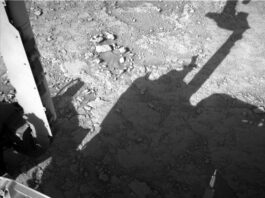 NASA Seeks Boxwork Bedrock Drill Site on Sols 4559-4560 A grayscale photo looking down at the Martian surface, showing very rough terrain in front of the Curiosity rover. Light gray, gravel-covered rocks are in bright sunlight in the upper half of the frame. A shadow silhouette of the rover covers much of the rest of the image, from the center toward the lower right corner. Portions of the rover itself are sunlit and visible at the bottom and left side of the image.