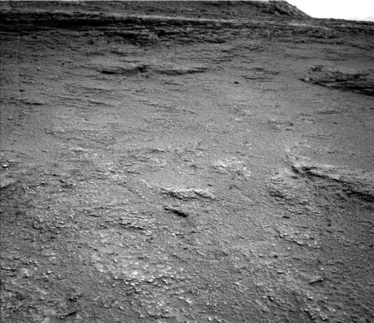 Curiosity Blog Sols 4609–4610: Powered Up for Further Exploration A grayscale photo from the Martian surface shows rough, slightly uneven, dark gray, rocky terrain extending to a plateau that rises in the distance, at the top of the frame. In the foreground, many smaller rocks are poking above the surface, much lighter-toned than the surrounding ground, looking like white specks on the surface.