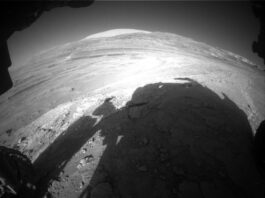 NASA Science: Curiosity Blog Explores Ridge on Sols 4616-4617 An extreme wide-angle, grayscale photo from the Mars surface shows uneven terrain ahead of the rover, covered in numerous small to medium-sized rocks, all light gray and illuminated by sunlight. Impressions in the middle ground ahead form swooping backward Cs, and in the far distance a mountain rises from the ground, but looks very broad and squat, because of the distortion from the wide-angle lens. Parts of the rover are visible around the sides and bottom of the image, and its shadow fills much of the foreground.