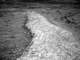 NASA Curiosity Blog: Navigating Sols 4668-4674 Exploration Update A grayscale photo from the Martian surface shows a landscape with an elevated ridge running from the foreground, at the bottom center of the image, weaving off into the distance near the top of the frame. The ridge itself is very light gray and uneven, composed of layered, chipped rock that looks like a dried-out mud flat. Descending off to either side of the ridge, the surrounding terrain is much darker gray and smoother, almost sandy, with scattered small rocks poking above the surface.