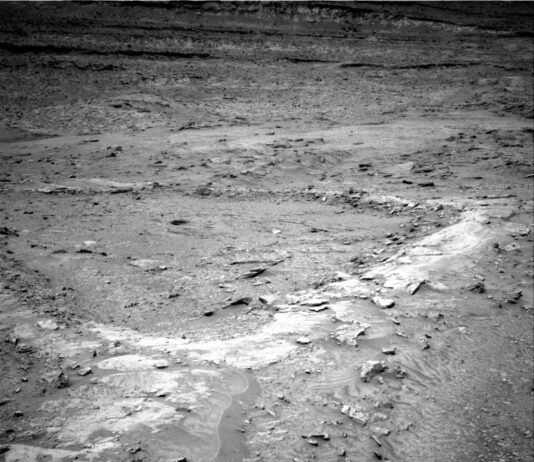Curiosity Explores Boxworks: Choosing Next Dig Site, Sols 4675-4681 A grayscale photo from the Martian surface shows a landscape with an elevated ridge running from the foreground, at the bottom left of the image, toward the middle right side of the frame, with two branches extending toward the left side of the frame, creating a U-shaped depression between them. The top of the ridge is much lighter colored than the medium gray surrounding terrain, which extends off to the horizon at the top of the frame, and is interspersed with areas of scattered small, jagged rocks and wavy sand deposits.
