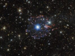 Telescopes collaborate to capture Cat’s Eye Nebula from new angles A planetary nebula in space. The star in the very center is surrounded by white bubbles and loops of gas, all shining with a powerful blue light. Farther away a broken ring of red and blue gas clouds surrounds the nebula. A multitude of golden and white stars, wisps of gas and distant galaxies of various sizes surround the nebula on the black background.