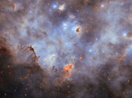 NASA’s Hubble Examines Mysterious Cloudy Star Cluster Stars in a star cluster shine brightly blue, with four-pointed diffraction spikes radiating from them. The center shows a small, crowded group of stars while a larger group is partially visible on the right side of the image. The nebula is mostly thick, smoky clouds of gas, lit up in blue tones by the stars. Clumps of dust hover before and around the stars; they are mostly dark but lit around their edges where the starlight erodes them.