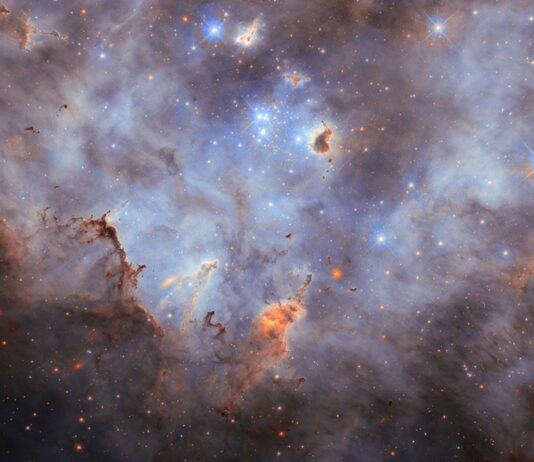 NASA’s Hubble Examines Mysterious Cloudy Star Cluster Stars in a star cluster shine brightly blue, with four-pointed diffraction spikes radiating from them. The center shows a small, crowded group of stars while a larger group is partially visible on the right side of the image. The nebula is mostly thick, smoky clouds of gas, lit up in blue tones by the stars. Clumps of dust hover before and around the stars; they are mostly dark but lit around their edges where the starlight erodes them.