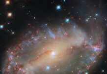 NASA’s Hubble Captures a Celestial Eye This NASA/ESA Hubble Space Telescope image features the spiral galaxy NGC 2566, which sits 76 million light-years away in the constellation Puppis. A prominent bar of stars stretches across the center of this galaxy, and spiral arms emerge from each end of the bar. Because NGC 2566 appears tilted from our perspective, its disk takes on an almond shape, giving the galaxy the appearance of a cosmic eye.