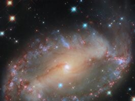 NASA’s Hubble Captures a Celestial Eye This NASA/ESA Hubble Space Telescope image features the spiral galaxy NGC 2566, which sits 76 million light-years away in the constellation Puppis. A prominent bar of stars stretches across the center of this galaxy, and spiral arms emerge from each end of the bar. Because NGC 2566 appears tilted from our perspective, its disk takes on an almond shape, giving the galaxy the appearance of a cosmic eye.