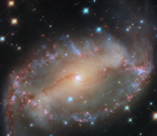 NASA’s Hubble Captures a Celestial Eye This NASA/ESA Hubble Space Telescope image features the spiral galaxy NGC 2566, which sits 76 million light-years away in the constellation Puppis. A prominent bar of stars stretches across the center of this galaxy, and spiral arms emerge from each end of the bar. Because NGC 2566 appears tilted from our perspective, its disk takes on an almond shape, giving the galaxy the appearance of a cosmic eye.