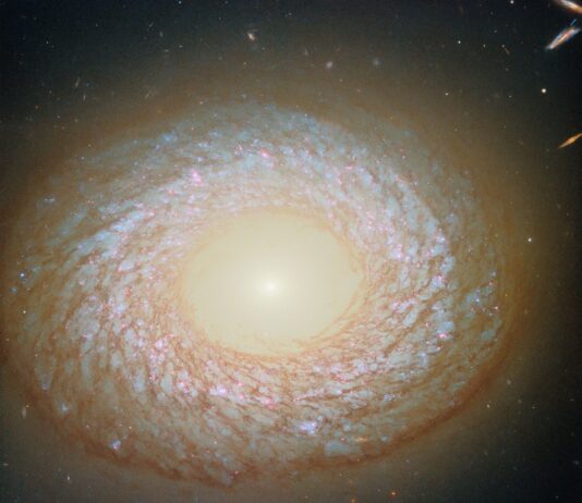NASA’s Hubble Snaps Mysterious Galaxy Image A galaxy seen face-on, with a slightly elliptical disk that appears to have a hole in the center like a doughnut. In the hole, the core is a brightly glowing point that shines light out beyond the edge of the disk. Around the hole is an inner ring of dust, and at the galaxy’s edge is a thicker outer ring of dust, with a swirling web of dust strands in between. Blue stars and red nebulae are visible behind the dust.