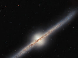 NASA’s Hubble Snaps Stunning Edge-On Spiral Galaxy Image A spiral galaxy seen directly from the side, such that its disk looks like a narrow diagonal band across the image. A band of dark dust covers the disk in the center most of the way out to the ends, and the disk glows around that. In the center of the galaxy, a whitish circle of light bulges out above and below the disk. Each end of the disk curves slightly. The background is black and mostly empty.