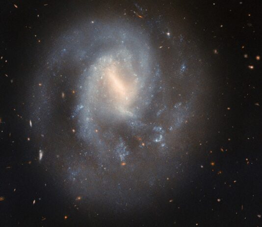 Hubble Observes Supernova Event in Spiral Galaxy – NASA Report A spiral galaxy with a soft and slightly faint appearance. It glows most brightly around the pale-yellow bar across its center. It has two spiral arms which wrap around its core, quickly broadening out to join a wide, faint circular halo around the galaxy. Glowing, sparkling patches in the disk show stars forming in nebulae. Behind the galaxy, distant galaxies appear as orange dots on a black background.