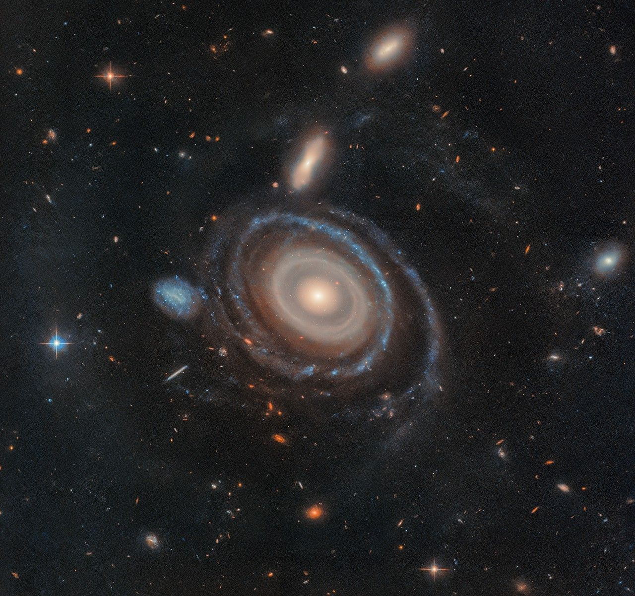 A large galaxy is at center, and a significantly smaller galaxy is to its left. The large galaxy, nicknamed the Bullseye, is mostly face-on, but the top appears slightly tilted away. It has several rings. Its circular core is bright white at the very center, but light yellow overall. Going outward, there are gaps between the rings. The core is surrounded by two slightly lighter yellow rings, which also appear to be overlapping. The next ring is slightly more transparent and yellow. The two or three rings that are farther out are bluer, sometimes with blue clumps. The widest ring is also blue, but also the most transparent. At 9 o’clock is a small dwarf galaxy. It is about the same size as the yellow core of the Bullseye. The dwarf galaxy is blue, with many dots. It looks like the edge of the Bullseye might touch the dwarf galaxy. Both galaxies are set on the black background of space, which is dotted with a range of galaxies in different shapes, colors, and sizes, along with one foreground star at left.