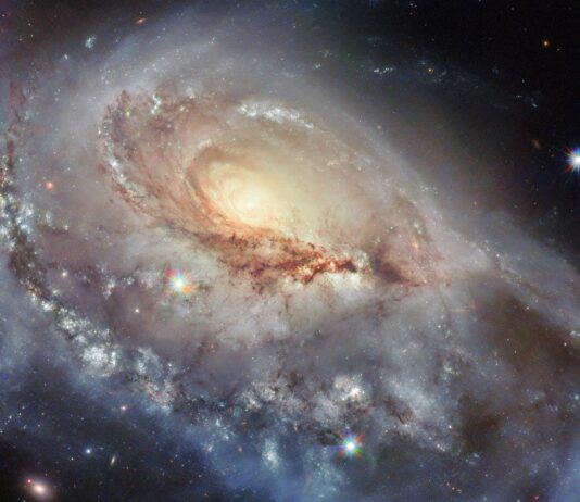 NASA’s Hubble Captures Unusual Spiral Galaxy Image A spiral galaxy seen at a skewed angle. Its center is a bright spot radiating light. A thick, stormy disk of material surrounds this bright center, with swirling strands of dark dust and bright spots of star formation strewn through the disk. A large spiral arm extends from the disk toward the viewer. Some foreground stars are visible atop the galaxy.