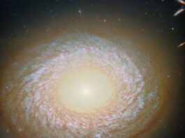 NASA’s Hubble Telescope Snaps Mysterious Galaxy Image A galaxy seen face-on, with a slightly elliptical disk that appears to have a hole in the center like a doughnut. In the hole, the core is a brightly glowing point that shines light out beyond the edge of the disk. Around the hole is an inner ring of dust, and at the galaxy’s edge is a thicker outer ring of dust, with a swirling web of dust strands in between. Blue stars and red nebulae are visible behind the dust.