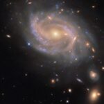 NASA Science: Hubble Observes Spiraling Galaxy A spiral galaxy with a disk made of several swirling arms. Patchy blue clouds of gas speckle the disk where stars are forming and lighting the gas around them. The core of the galaxy is large and shines brightly gold, while the spiral arms are a paler and faint reddish color. Neighboring galaxies – from small, elongated spots to larger swirling spirals – are visible across the black background.