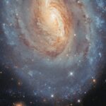 NASA’s Hubble Examines Stellar Ages in Vibrant Galaxy An oval-shaped spiral galaxy. Only the center and lower half of the galaxy is in frame. Its center is primarily golden in color with a white glowing core, while its thick spiral arms are mostly blue, particularly at the outskirts; these colors merge in between. Dark lanes of dust swirl through the center, blocking some of the galaxy’s light. Stars and distant galaxies are visible around the edges on a black background.