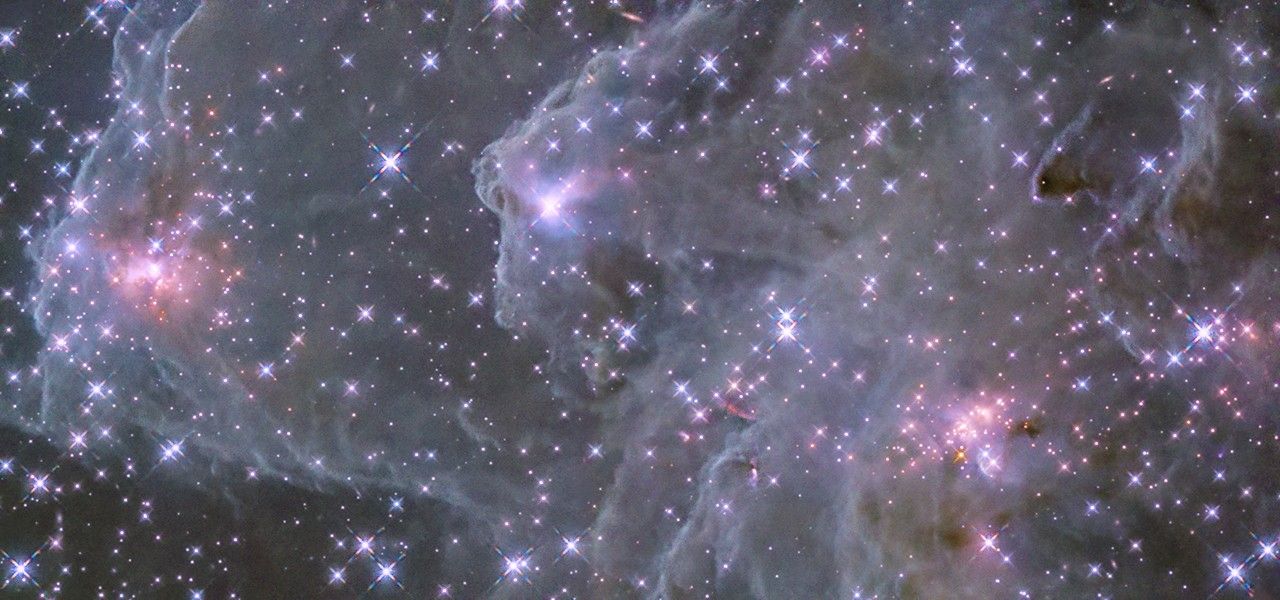 hubble sh2 284 2 flat final4.jpg Against the dark background of space, pale, misty clouds of gas and dust are liberally sprinkled with blue and pink stars. Some bright pink patches of clustered stars are visible, as are dark brown knots of dust.